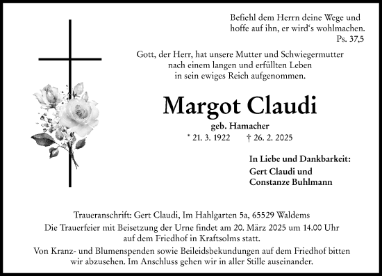 Traueranzeige von Margot Claudi von Wetzlarer Neue Zeitung