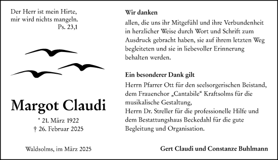 Traueranzeige von Margot Claudi von Wetzlarer Neue Zeitung