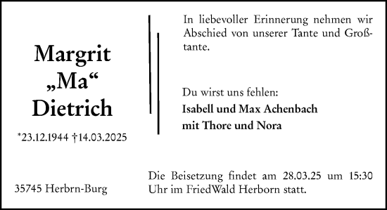 Traueranzeige von Margrit Dietrich von Dill Block
