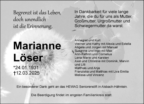 Traueranzeige von Marianne Löser von Starkenburger Echo