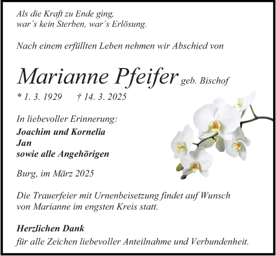 Traueranzeige von Marianne Pfeifer von Dill Block
