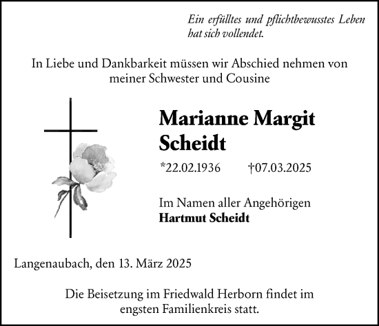 Traueranzeige von Marianne Margit Scheidt von Dill Block