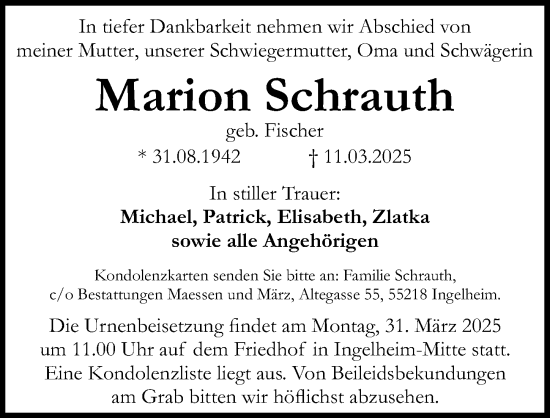 Traueranzeige von Marion Schrauth von Allgemeine Zeitung Rheinhessen-Nahe