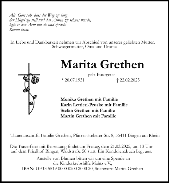 Traueranzeige von Marita Grethen von Allgemeine Zeitung Rheinhessen-Nahe