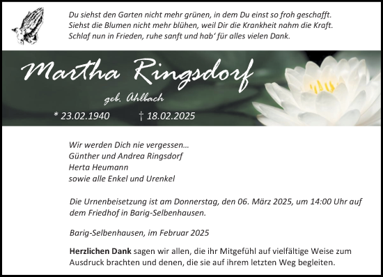 Traueranzeige von Martha Ringsdorf von Weilburger Tageblatt