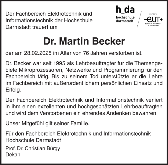 Traueranzeige von Martin Becker von Darmstädter Echo
