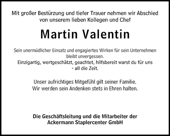 Traueranzeige von Martin Valentin von Wetzlarer Neue Zeitung