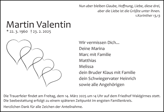 Traueranzeige von Martin Valentin von Wetzlarer Neue Zeitung