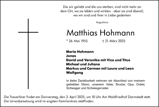 Traueranzeige von Matthias Hohmann von Darmstädter Echo