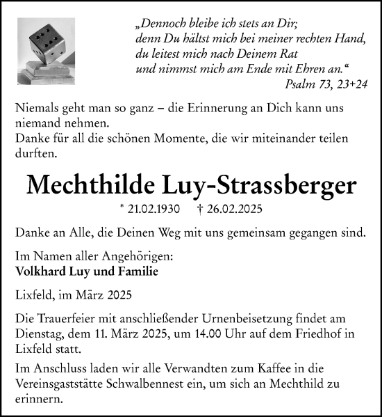 Traueranzeige von Mechthilde Luy-Strassberger von Hinterländer Anzeiger