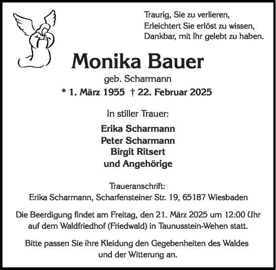 Traueranzeige von Monika Bauer von Wiesbadener Kurier