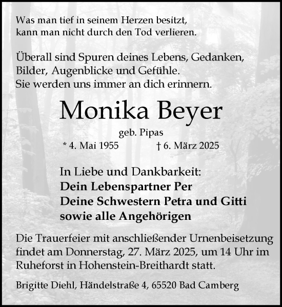 Traueranzeige von Monika Beyer von Wiesbadener Kurier