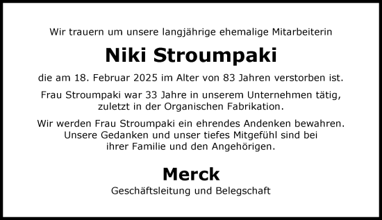Traueranzeige von Niki Stroumpaki von Darmstädter Echo