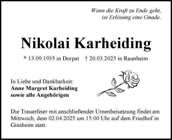 Traueranzeige von Nikolai Karheiding von Allgemeine Zeitung Mainz