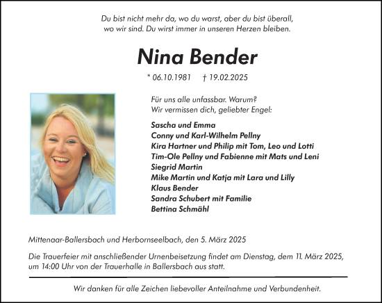 Traueranzeige von Nina Bender von Dill Block