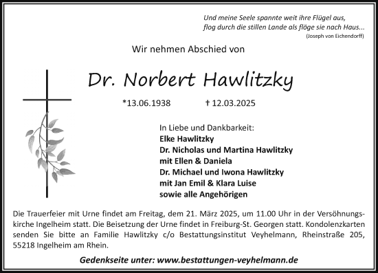 Traueranzeige von Norbert Hawlitzky von Allgemeine Zeitung Rheinhessen-Nahe