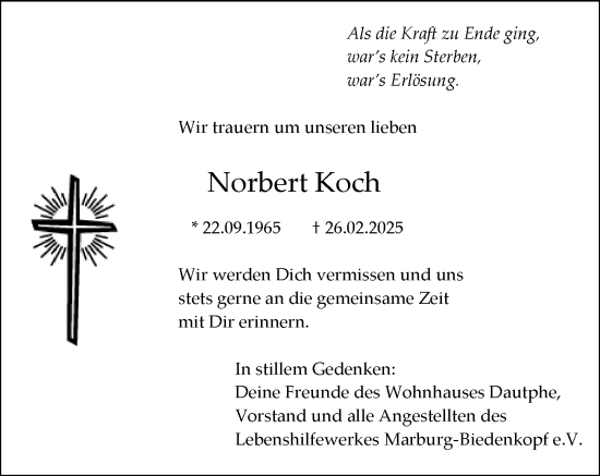 Traueranzeige von Norbert Koch von Hinterländer Anzeiger