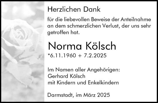 Traueranzeige von Norma Kölsch von Darmstädter Echo