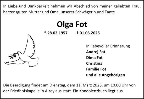 Traueranzeige von Olga Fot von Allgemeine Zeitung Alzey