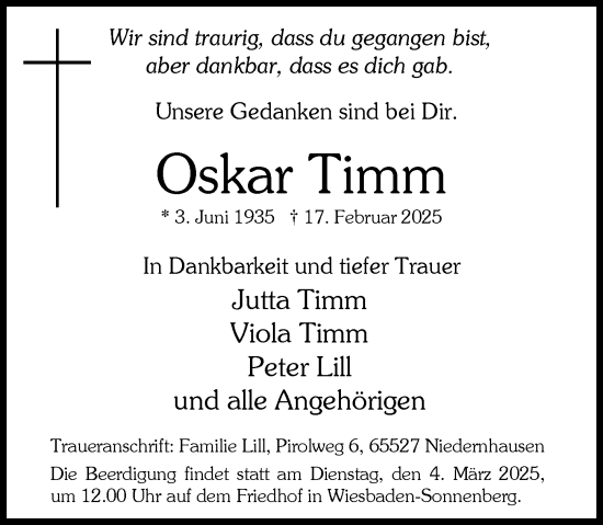 Traueranzeige von Oskar Timm von Wiesbadener Kurier