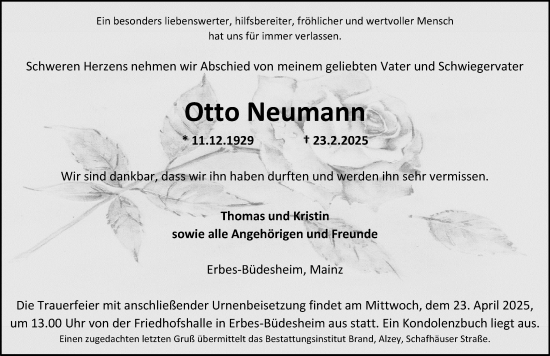 Traueranzeige von Otto Neumann von Allgemeine Zeitung Alzey