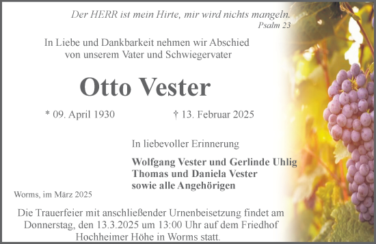 Traueranzeige von Otto Vester von Wormser Zeitung