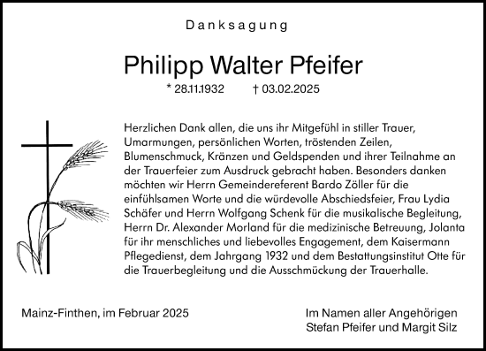 Traueranzeige von Philipp Walter Pfeifer von Allgemeine Zeitung Mainz