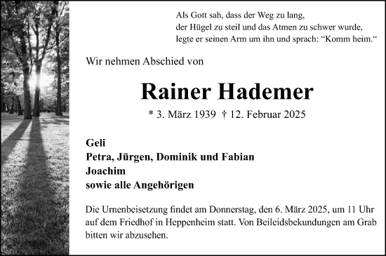 Traueranzeige von Rainer Hademer von Starkenburger Echo