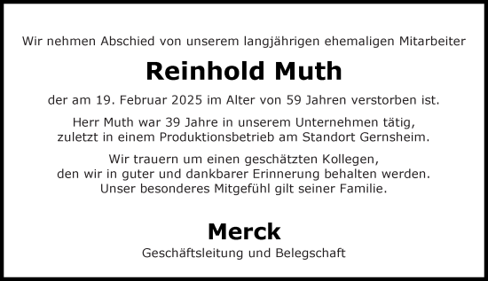 Traueranzeige von Reinhold Muth von Groß-Gerauer Echo