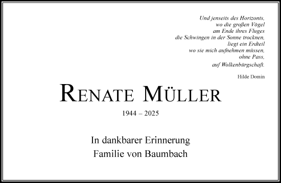 Traueranzeige von Renate Müller von Allgemeine Zeitung Rheinhessen-Nahe