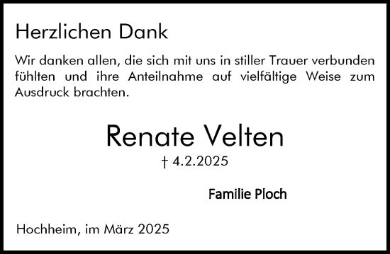 Traueranzeige von Renate Velten von Hochheimer Zeitung