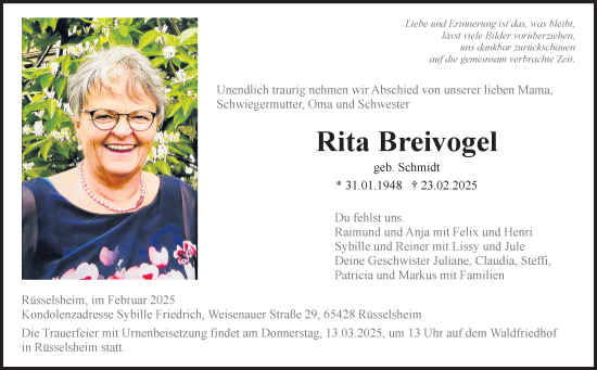 Traueranzeige von Rita Breivogel von Rüsselsheimer Echo