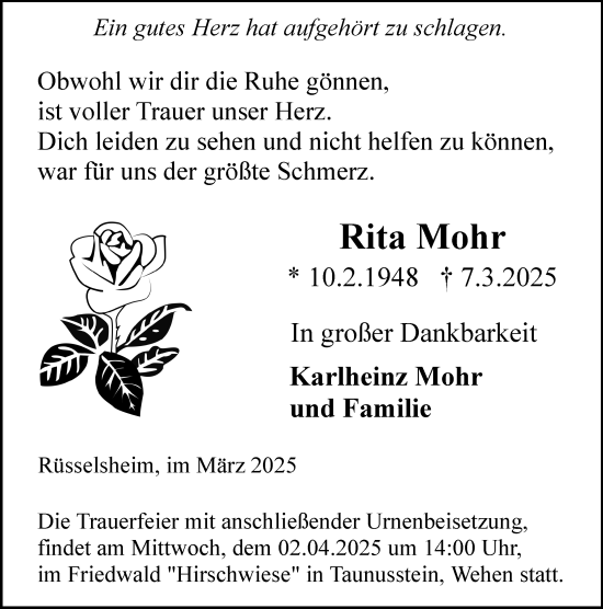 Traueranzeige von Rita Mohr von Rüsselsheimer Echo