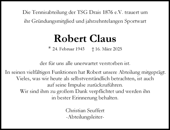Traueranzeige von Robert Claus von Allgemeine Zeitung Mainz