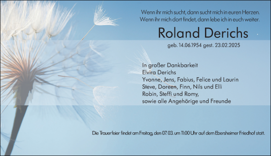Traueranzeige von Roland Derichs von Allgemeine Zeitung Mainz