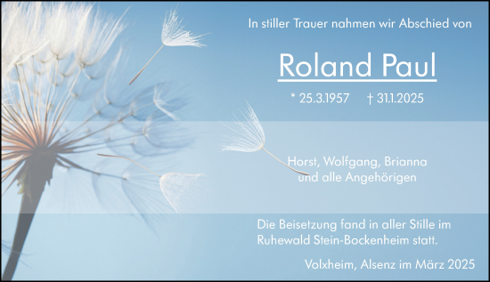 Traueranzeige von Roland Paul von Allgemeine Zeitung Rheinhessen-Nahe