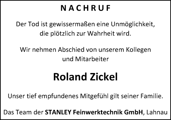 Traueranzeige von Roland Zickel von Wetzlarer Neue Zeitung