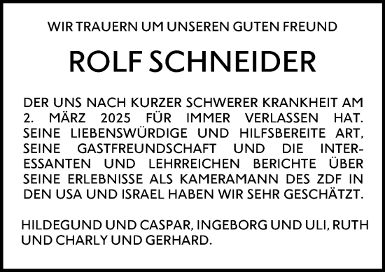 Traueranzeige von Rolf Schneider von Allgemeine Zeitung Mainz