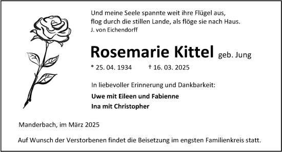 Traueranzeige von Rosemarie Kittel von Dill Block