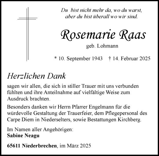 Traueranzeige von Rosemarie Raas von Camberger Anzeiger