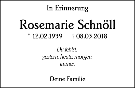 Traueranzeige von Rosemarie Schnöll von Allgemeine Zeitung Mainz