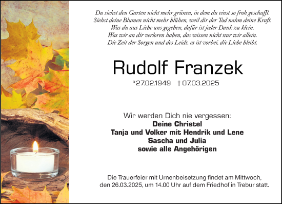 Traueranzeige von Rudolf Franzek von Groß-Gerauer Echo