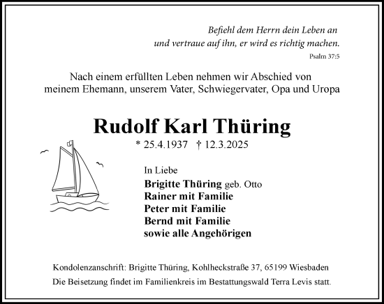 Traueranzeige von Rudolf Karl Thüring von Wiesbadener Kurier