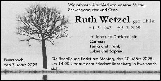 Traueranzeige von Ruth Wetzel von Dill Block