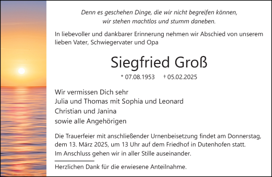Traueranzeige von Siegfried Groß von Wetzlarer Neue Zeitung