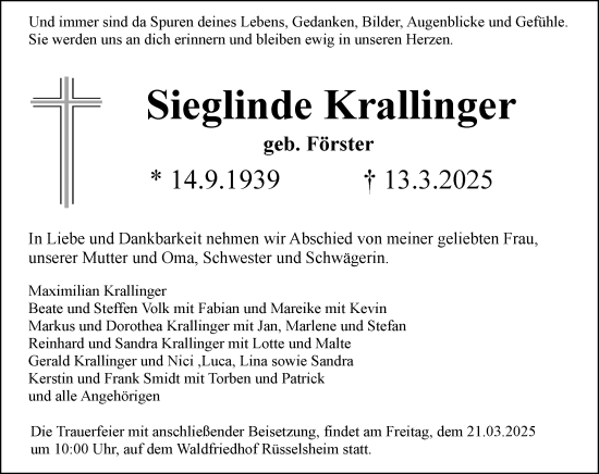 Traueranzeige von Sieglinde Krallinger von Rüsselsheimer Echo