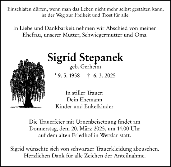 Traueranzeige von Sigrid Stepanek von Wetzlarer Neue Zeitung