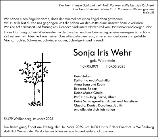 Traueranzeige von Sonja Iris Wehr von Dill Block