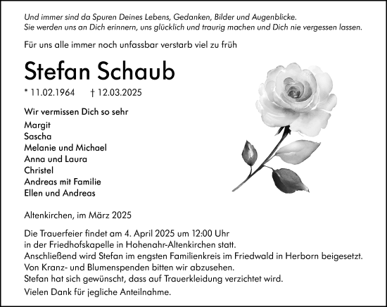 Traueranzeige von Stefan Schaub von Dill Block
