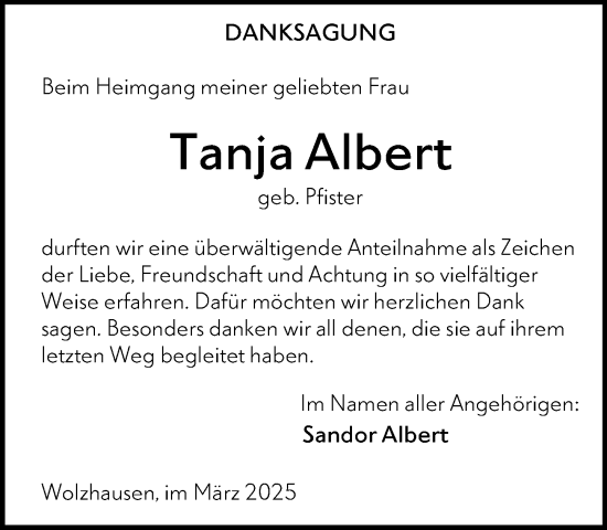 Traueranzeige von Tanja Albert von Hinterländer Anzeiger